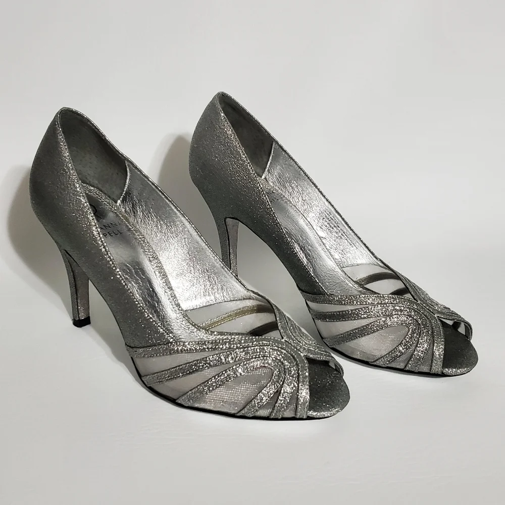 Adrianna Papell Silver Glitter Heel Pumps Sheer Peek A Boo Toe Shoes